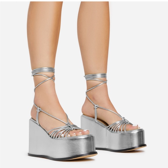 EGO Silver Lace Up Platform Wedges - Picture 1 of 5